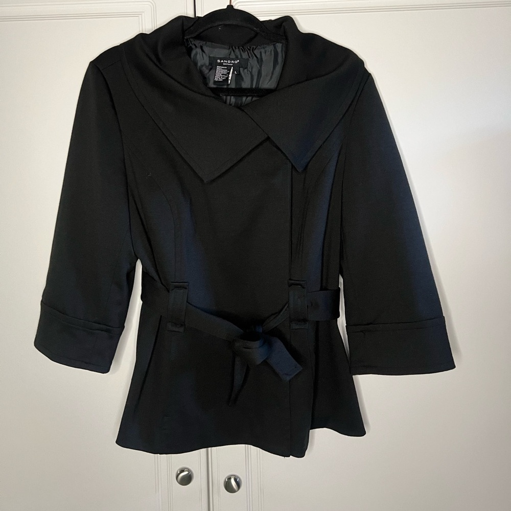 Sandro Tailored Jacket Black Belted Trench - Picture 8 of 11